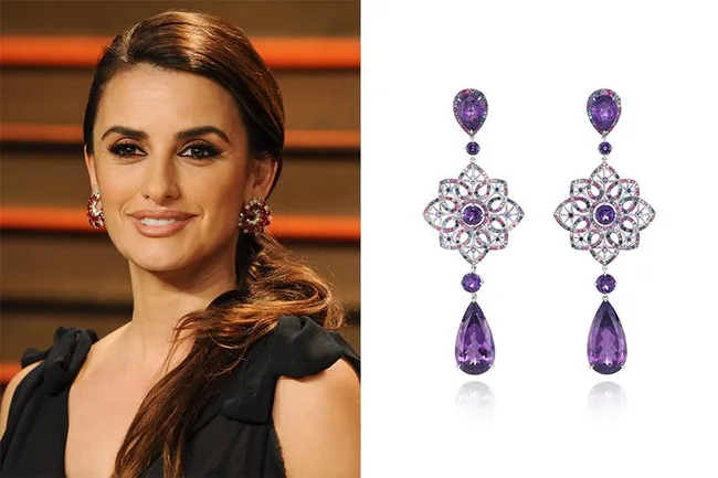 Woman with long hair, wearing a black dress and embellished earrings, next to a close-up of purple gemstone earrings.