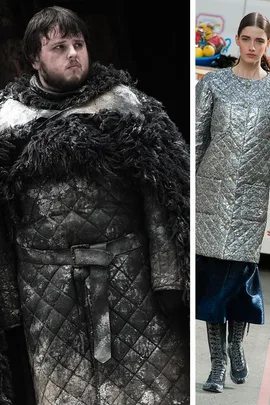 "Samwell Tarly in rugged, fur-lined armor beside model in quilted silver coat, showcasing 'Game of Thrones' fashion influence."