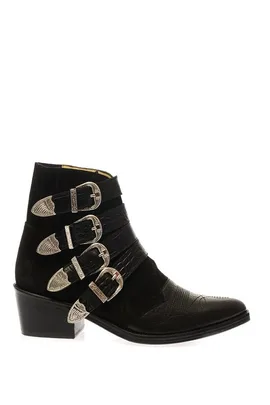 Black leather boot with five decorative silver buckles, pointed toe, and a low heel.