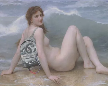 A classic painting of a nude woman on a beach, wearing a modern designer backpack, with waves in the background.