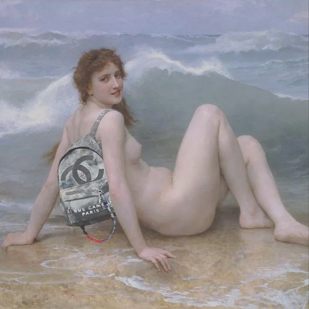 A classic painting of a nude woman on a beach, wearing a modern designer backpack, with waves in the background.