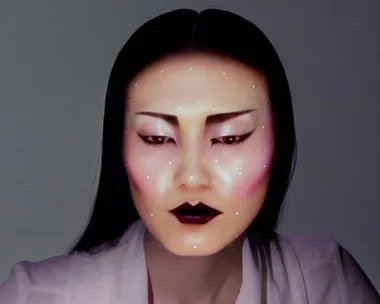 A woman's face with digital makeup, including dark lipstick, blush, highlighted skin, and geometric eyebrow design.