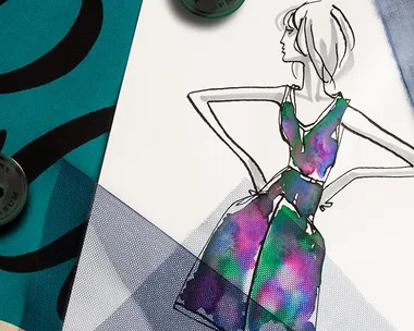 Fashion sketch of a woman in a colorful dress, surrounded by fabric and buttons, for Burberry SS15 collection.