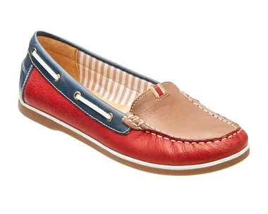 Red, navy, and tan leather boat shoe with white stitching and striped inner lining.