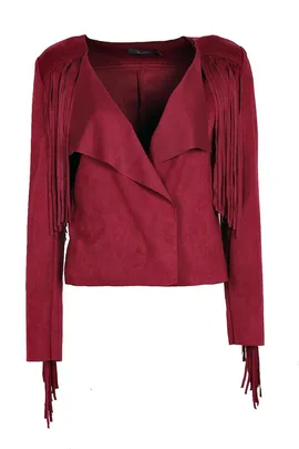 A fringed red suede jacket with an open front and long sleeves, ideal for a stylish, festival-ready look.