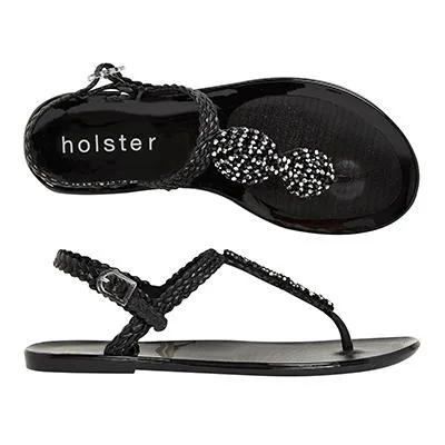 Black braided sandals with beaded details, featuring the brand name "holster" on the footbed.