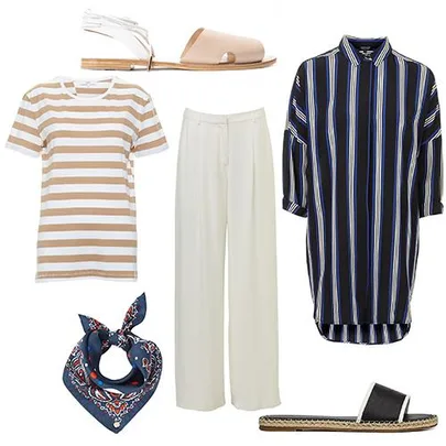 Summer outfits: striped dress, tan striped T-shirt, white pants, sandals, navy scarf, and slip-on shoes.