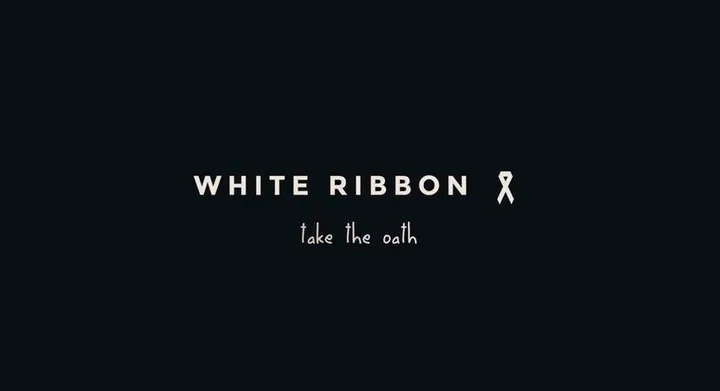 White Ribbon take the oath against a black background with a white ribbon symbol.