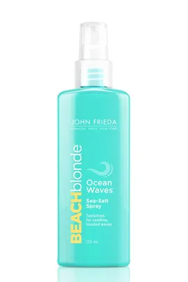 John Frieda Beach Blonde Ocean Waves Sea-Salt Spray bottle, 150 mL, turquoise color, texturizes for carefree, tousled waves.