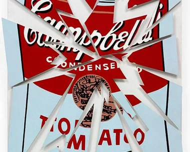 A shattered pop art image of a Campbell's Tomato Soup can inspired by Andy Warhol.