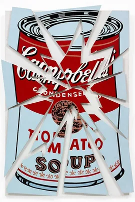 A shattered pop art image of a Campbell's Tomato Soup can inspired by Andy Warhol.