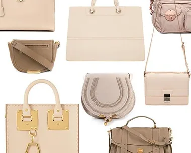 A collection of eight beige and light tan handbags in various styles, including totes, crossbody, and satchels, arranged on a white background.