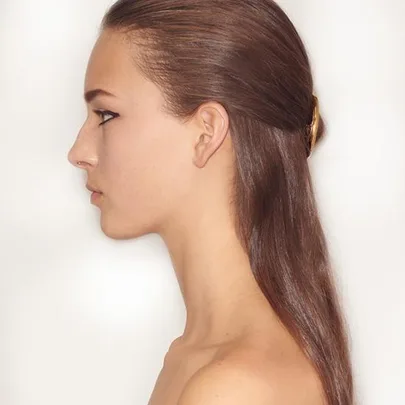 Profile of a person with slicked-back hair, held by a golden hair accessory, on a neutral background.