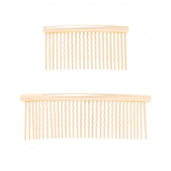 Two cream-colored hair combs with wavy teeth, one larger than the other, on a white background.
