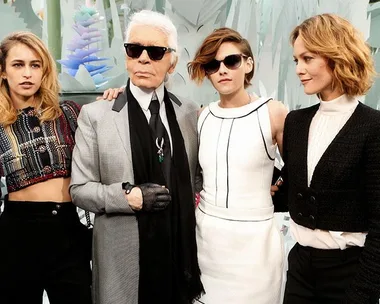 Karl Lagerfeld with Kristen Stewart, Alice Dellal, and Vanessa Paradis