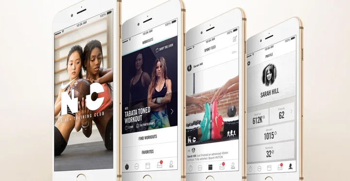 Four iPhones display different screens of the Nike Training Club app, showcasing workouts and a user profile.