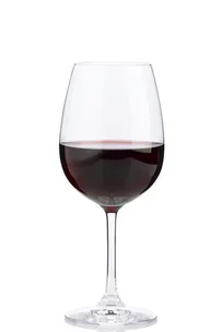 A glass of red wine filled halfway on a white background.