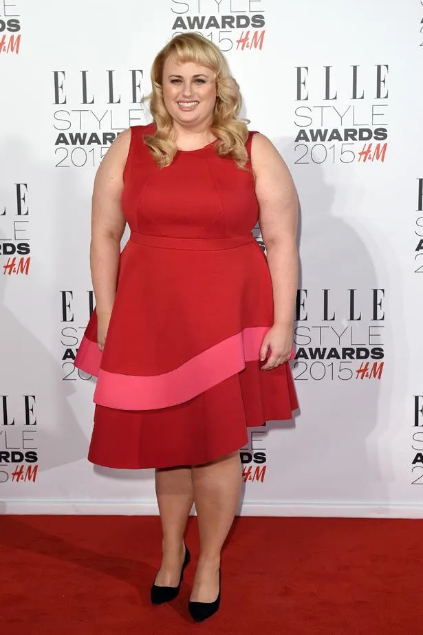 Rebel Wilson in a red and pink dress at the Elle Style Awards 2015, posing on the red carpet.