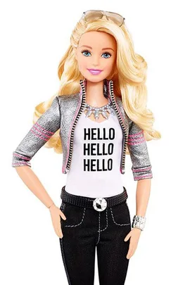 A Barbie doll with long blonde hair, wearing a "Hello Hello Hello" shirt, silver jacket, and black pants.