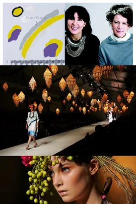 Collage featuring Easton Pearson designers, runway show with hanging lanterns, and model with fruit headpiece.