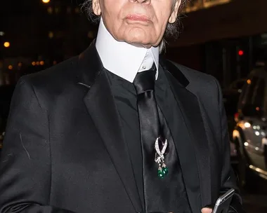 Karl Lagerfeld in a black suit, white shirt, black tie with a brooch, black sunglasses, and fingerless gloves, holding a phone.