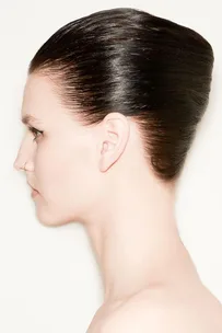 Profile of a model with sleek, glossy hair styled in a modern French chignon, showcased at Oscar de la Renta's AW15 collection.