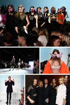 Collage showcasing runway moments, models in floral masks, designer Toni Maticevski, and models in black and white attire at Australian Fashion Week.