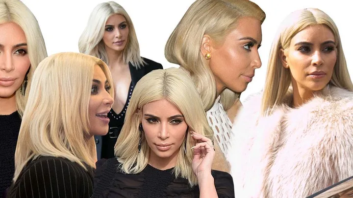 Collage of a woman with platinum blonde hair in various styles and outfits.