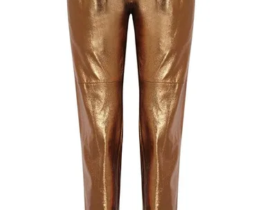 Golden metallic jogger pants with an elastic waistband and tapered legs, reflecting light on a plain white background.