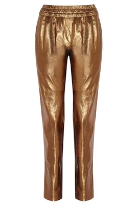 Golden metallic jogger pants with an elastic waistband and tapered legs, reflecting light on a plain white background.