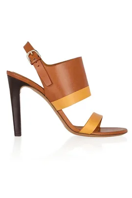 Brown and tan high-heeled leather sandal with ankle strap and buckle.