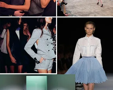 Collage of fashion week with runway shows, models backstage, and a blue-lit stage featuring Christopher Esber's designs.