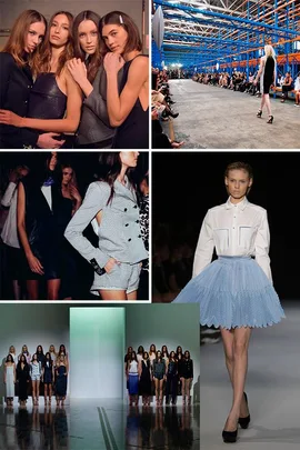 Collage of fashion week with runway shows, models backstage, and a blue-lit stage featuring Christopher Esber's designs.