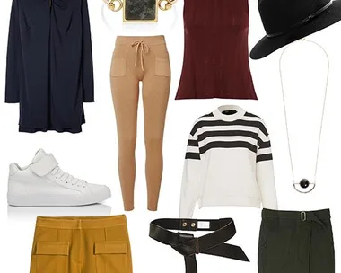 A collection of fashionable clothing and accessories: dress, sweater, shoes, shorts, hat, belt, necklace, and bracelet.