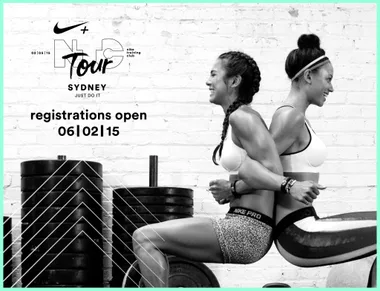 Two women in athletic wear doing a back-to-back wall sit, promoting Nike Training Club Tour in Sydney. Registrations open 06/02/15.