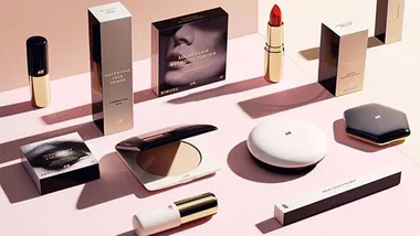 Various H&M beauty products including lipstick, bronzing powder, and face primer displayed on a flat surface.