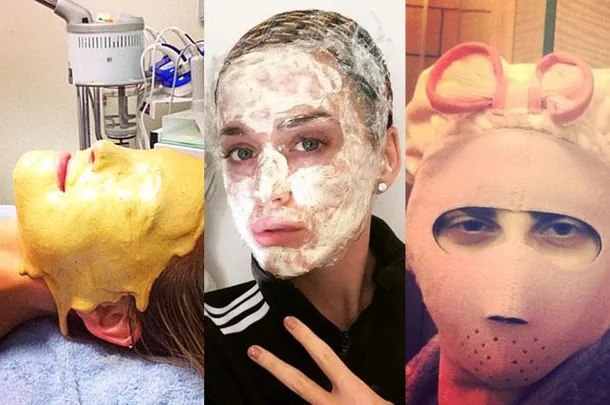 "Three people with unusual beauty treatments: gold mask, cream mask, and cloth mask with mouse ears."