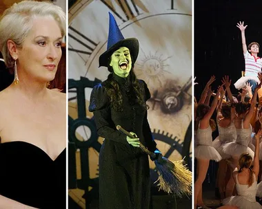 A collage of movie scenes adapted into musicals: fashion event, wicked witch, and boy in a ballet scene.