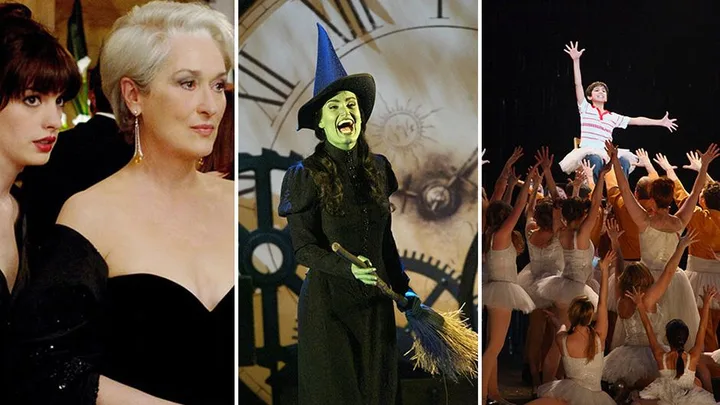 A collage of movie scenes adapted into musicals: fashion event, wicked witch, and boy in a ballet scene.