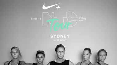 Group of women in athletic attire posing under "Nike Training Club Tour Sydney Just Do It 02/05/15" text on a grey background.