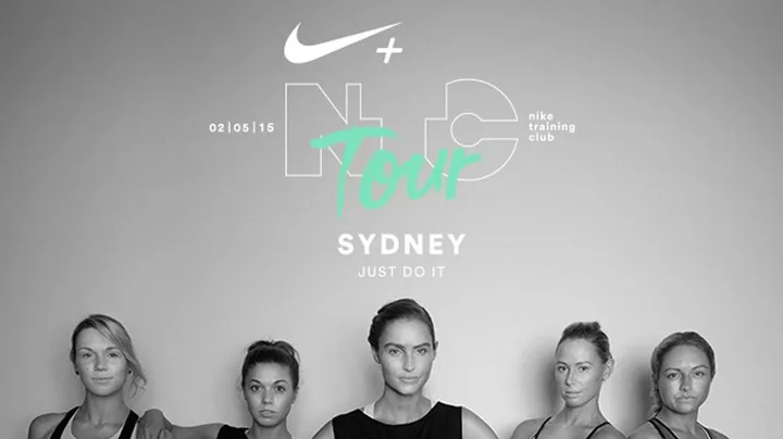 Group of women in athletic attire posing under "Nike Training Club Tour Sydney Just Do It 02/05/15" text on a grey background.