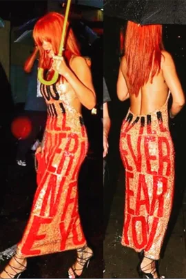 "Rihanna wearing a sequin backless dress with red bold text "YOU WILL NEVER OWN ME" from Discount Universe."