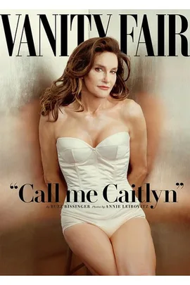 "Vanity Fair cover featuring Caitlyn Jenner in a white corset with the text 'Call me Caitlyn'."