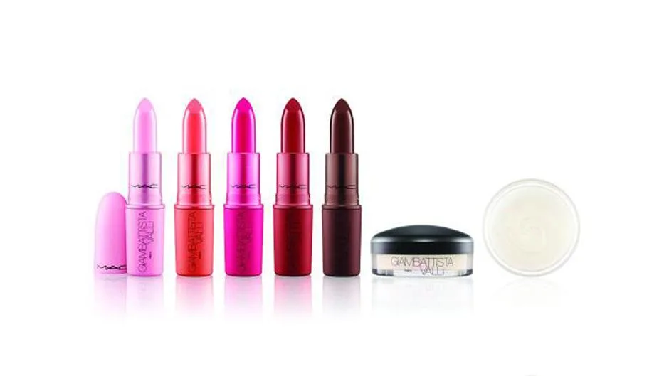 Image of six MAC lipsticks in various shades from light pink to dark burgundy, and two small jars of makeup from the Giambattista Valli collection.