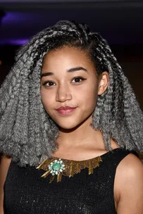 Portrait of Amandla Stenberg with gray braided hair, wearing a black dress and a decorative necklace in a softly lit setting.