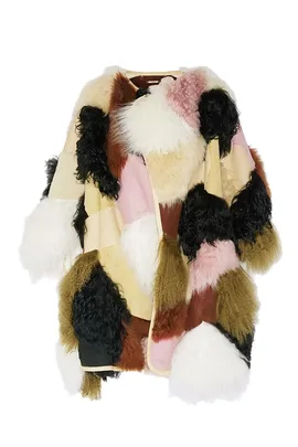 A multicolored patchwork shearling coat with fluffy textures in shades of brown, pink, white, and black.