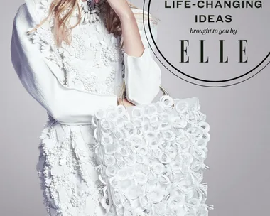 Woman wearing a textured white outfit and holding a matching white handbag. Text overlay reads, "The Morning of Little Life-Changing Ideas by ELLE."