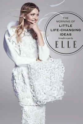 Woman in white floral-textured outfit holding a white bag, with "Little Life-Changing Ideas" text and "ELLE" magazine logo.