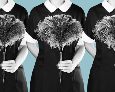 Three maids holding feather dusters, each in a black uniform with white collars and cuffs, standing in a row against a teal background.