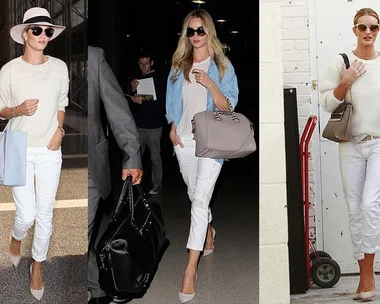 Three images of the same woman in white outfits accessorized with sunglasses, different tops, and handbags.